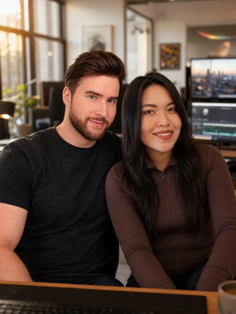 David and Salve, the creators behind Social Marketing Joy, together in their studio