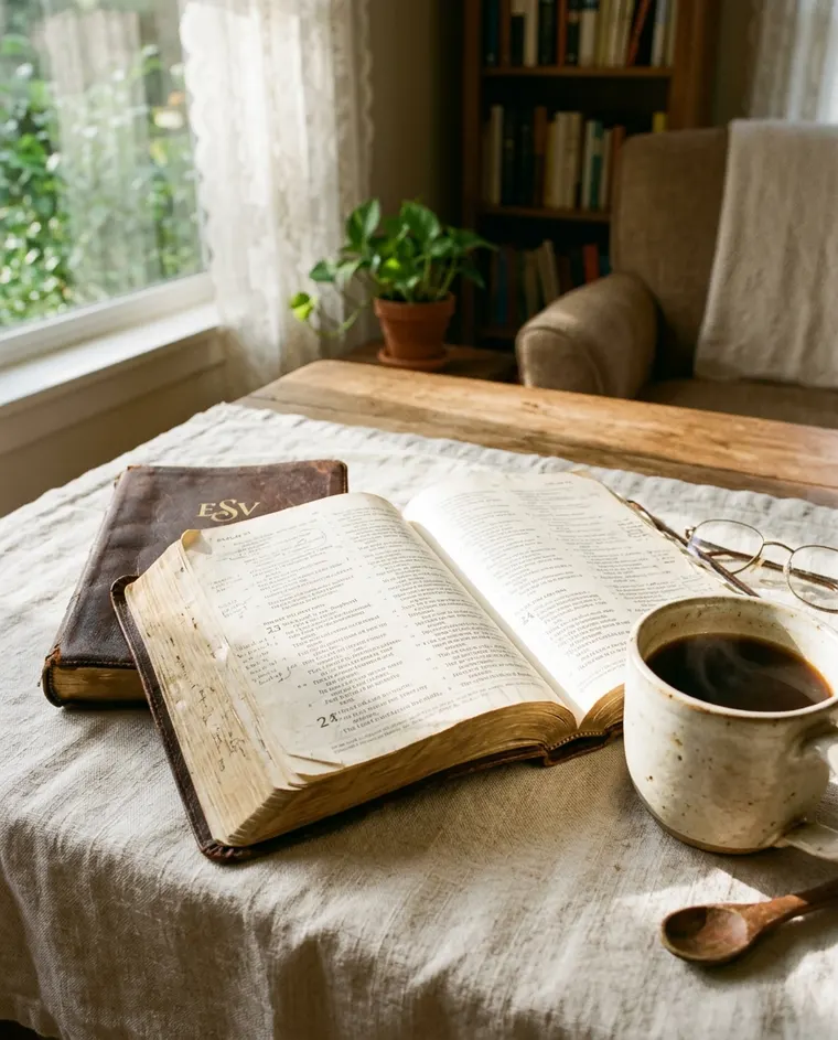 Devotional content: open Bible in morning light
