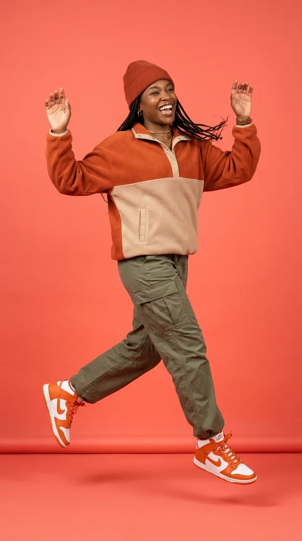 Brand Reel: model jumping joyfully on a coral backdrop