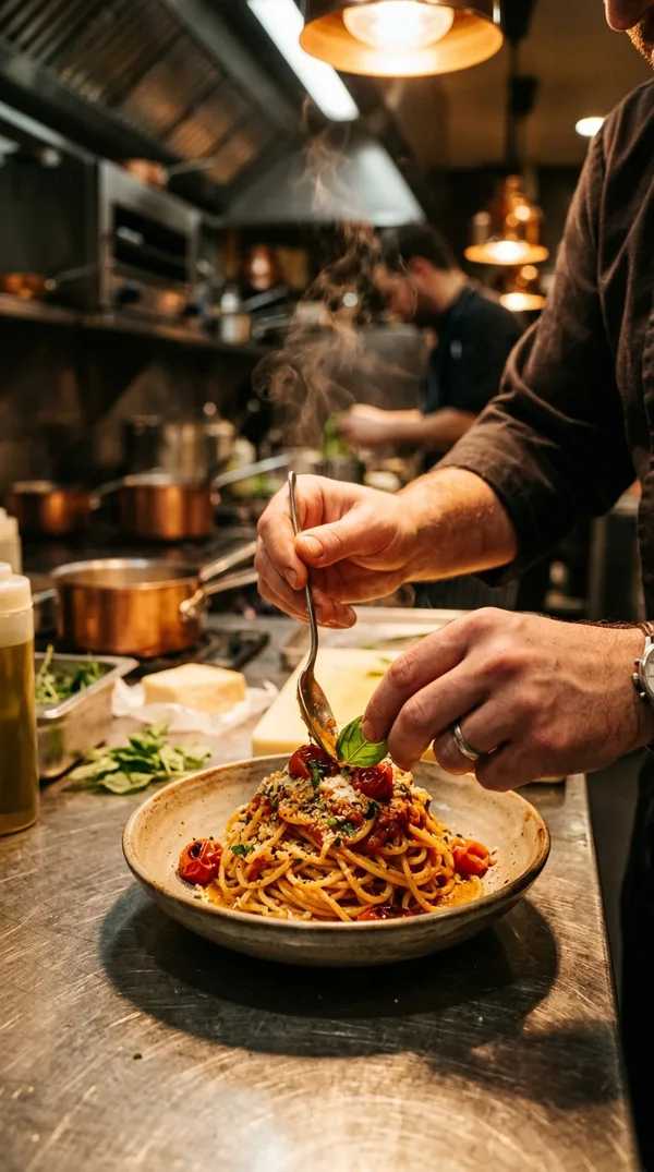 Food Reel: chef plating steaming pasta