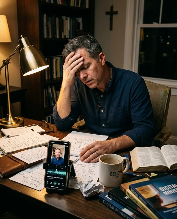 A creator at a cluttered desk late at night, overwhelmed by content work