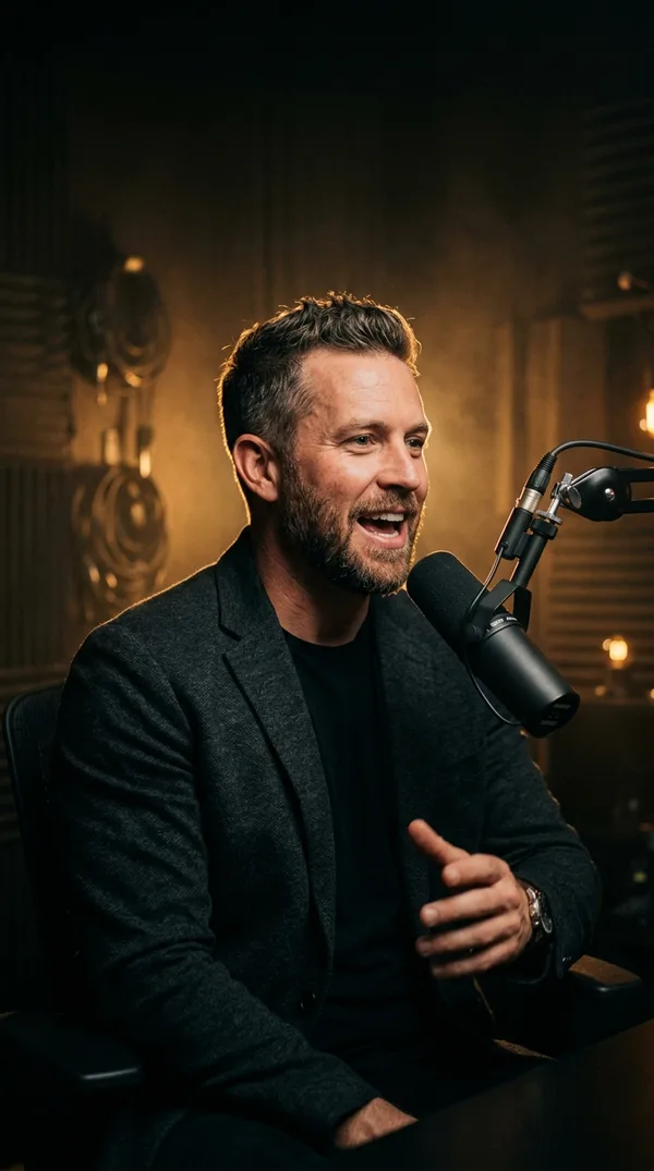 Sermon and podcast clip: speaker at a microphone in warm studio light