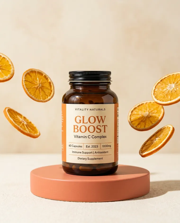 Product promo: supplement jar on a coral podium