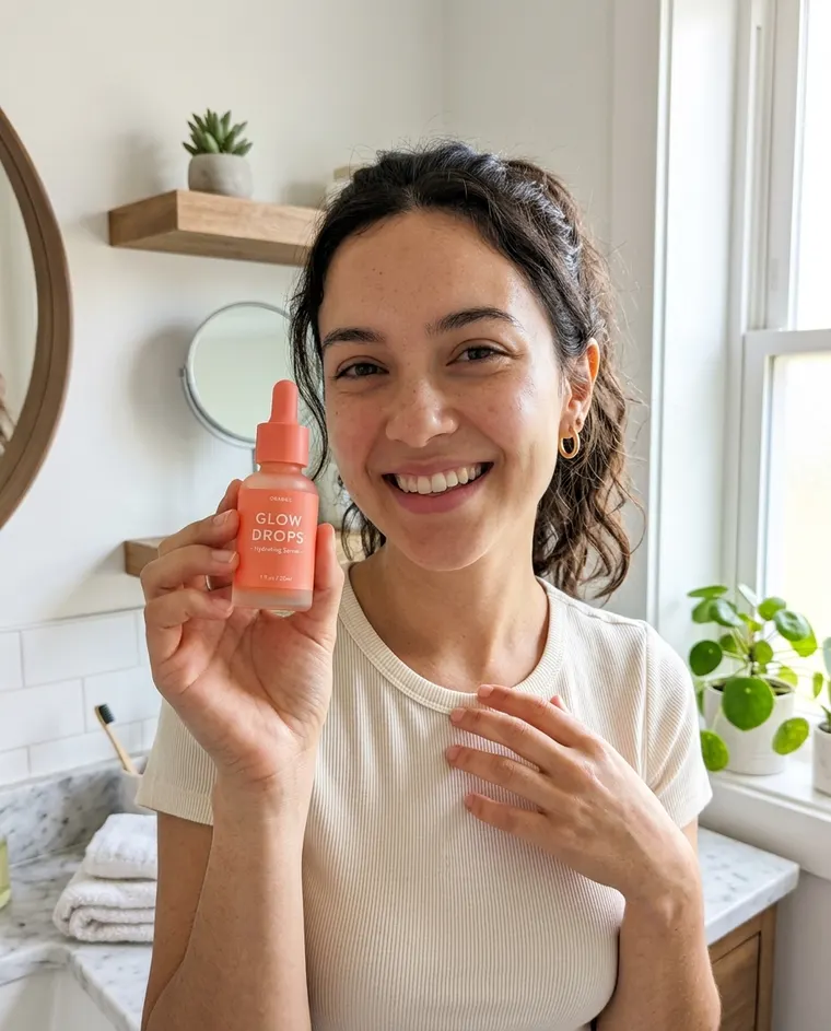 UGC ad: creator presenting a coral serum bottle